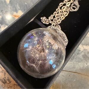 Vintage dandelion seed necklace with silver chain